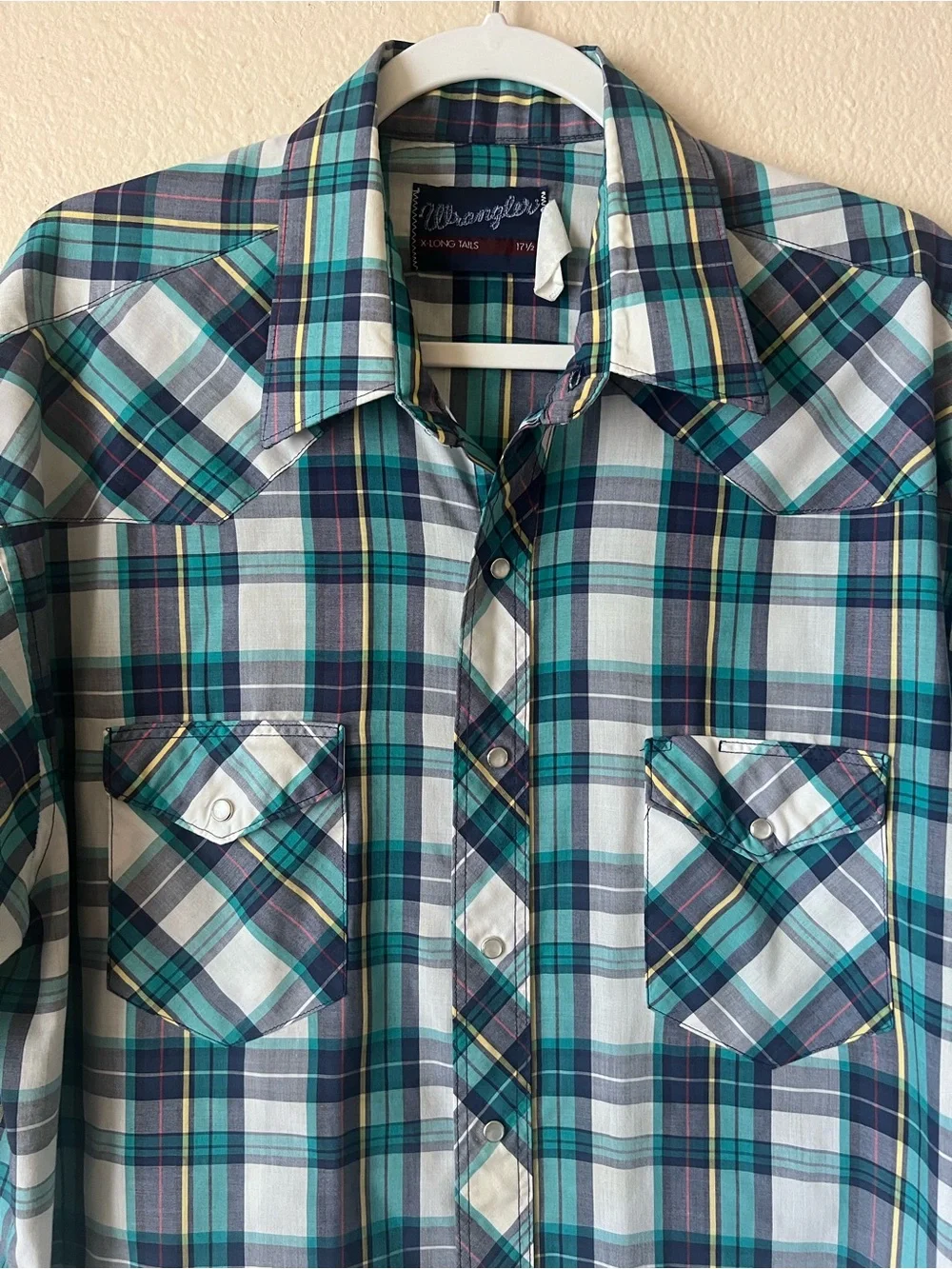 Vintage Wrangler Western Pearl Snap Shirt Mens 17.5 XL Teal Plaid Made in USA